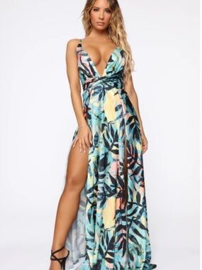 Tropical Print Deep V Maxi Dress in Aqua - S